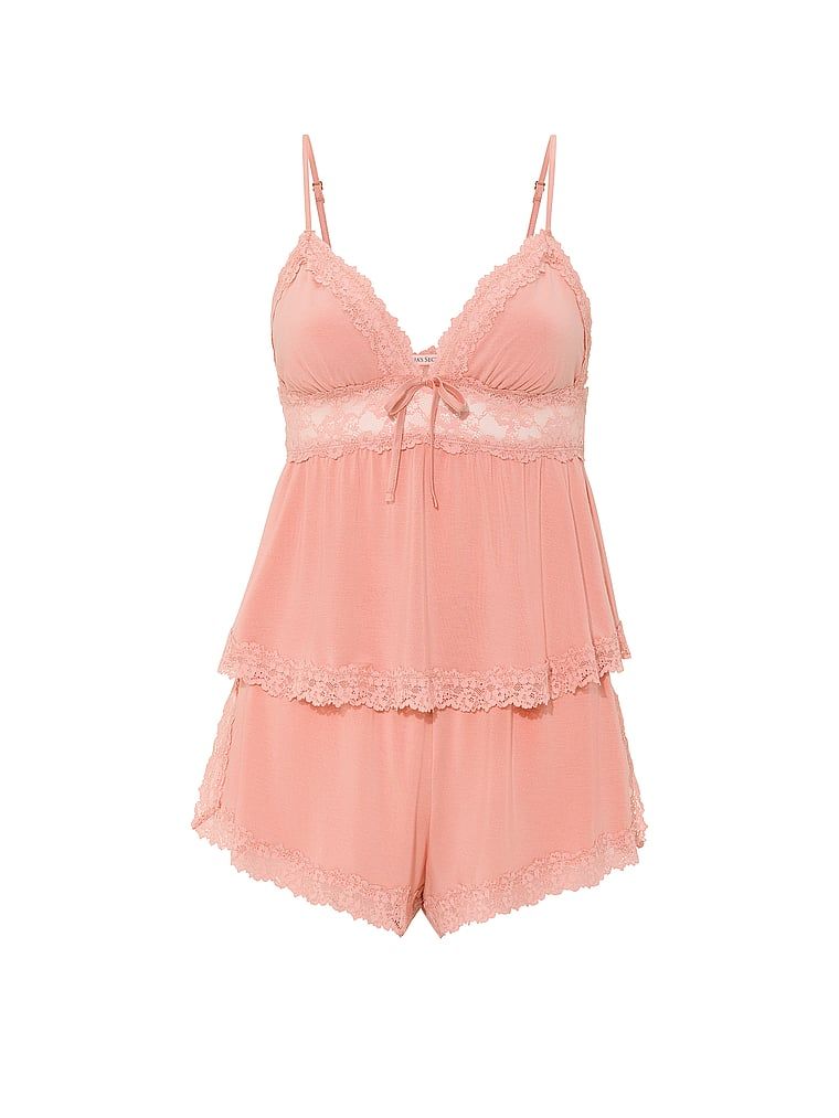 Set de dormit modal - top cu bretele și pantaloni scurți SoSoft. Produsul este roz și provine din colecția Victoria's Secret.