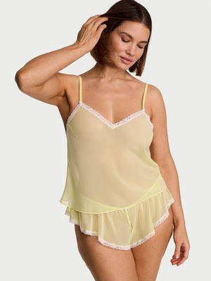 Dream Angels Set cu șort vaporos și top Cami din șifon cu margini din dantelă