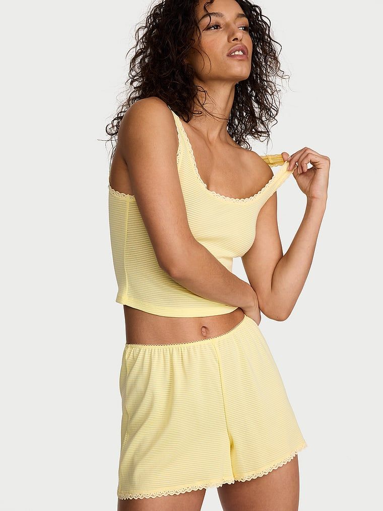 Victoria's Secret Set maiou scurt și pantaloni scurți, din bumbac, cu dungi în nuanțe de gri