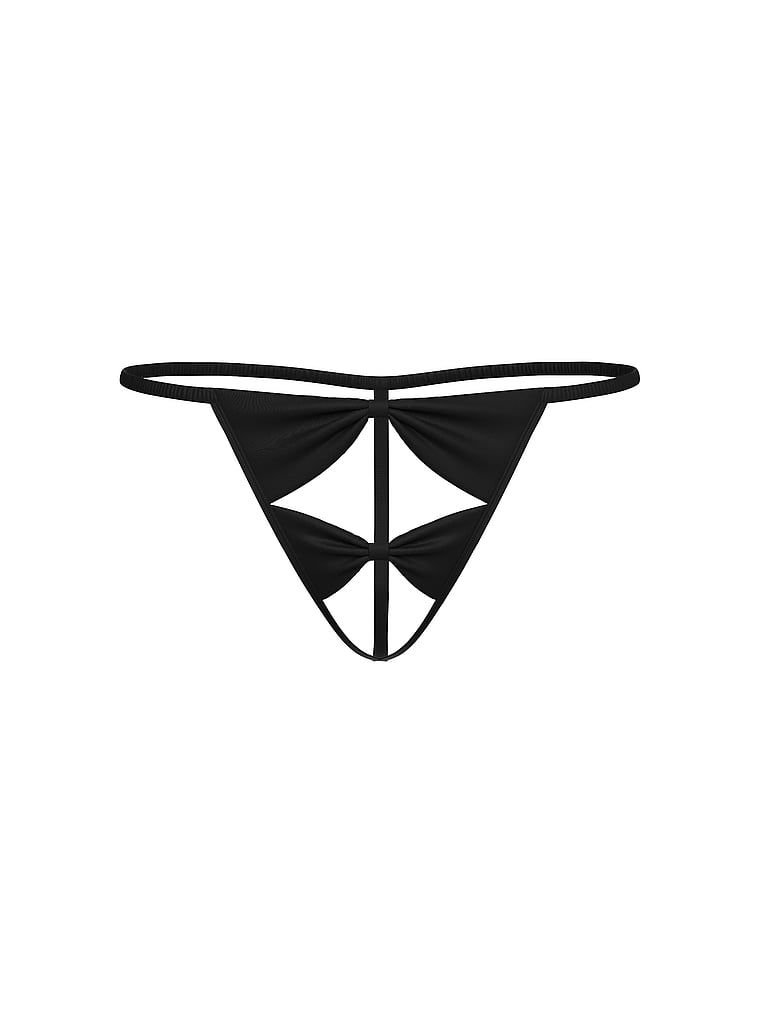 Tanga fără picioare Satin Bow. Produsul este negru și provine din colecția Dream Angels.