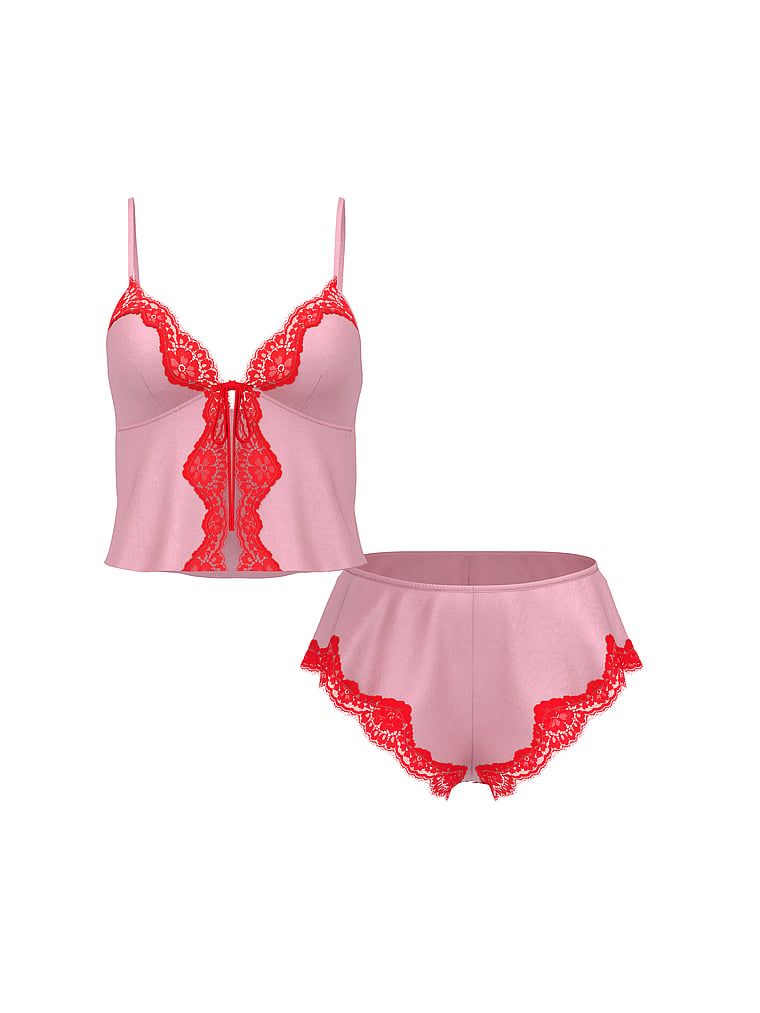Set de dormit din satin și dantelă - top și pantaloni scurți. Produsul este roz și provine din colecția Dream Angels.