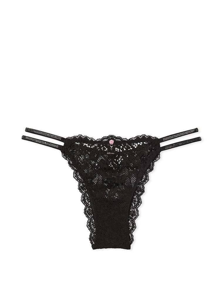 Chiloți brazilieni din dantelă Twinkle Strap cu bretele strălucitoare. Produsul este negru și provine din colecția Dream Angels.