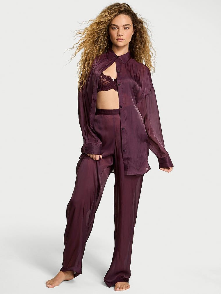 Victorias Secret Set pijama lungă din satin transparent de lux cu nasturi în față