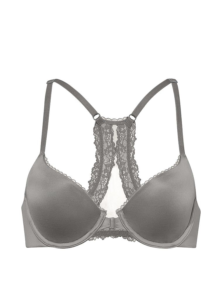 Suten cusut ușor, fixat în față cu dantelă pe spate, Racerback Demi. Produsul este de culoare gri și provine din colecția Body by Victoria.