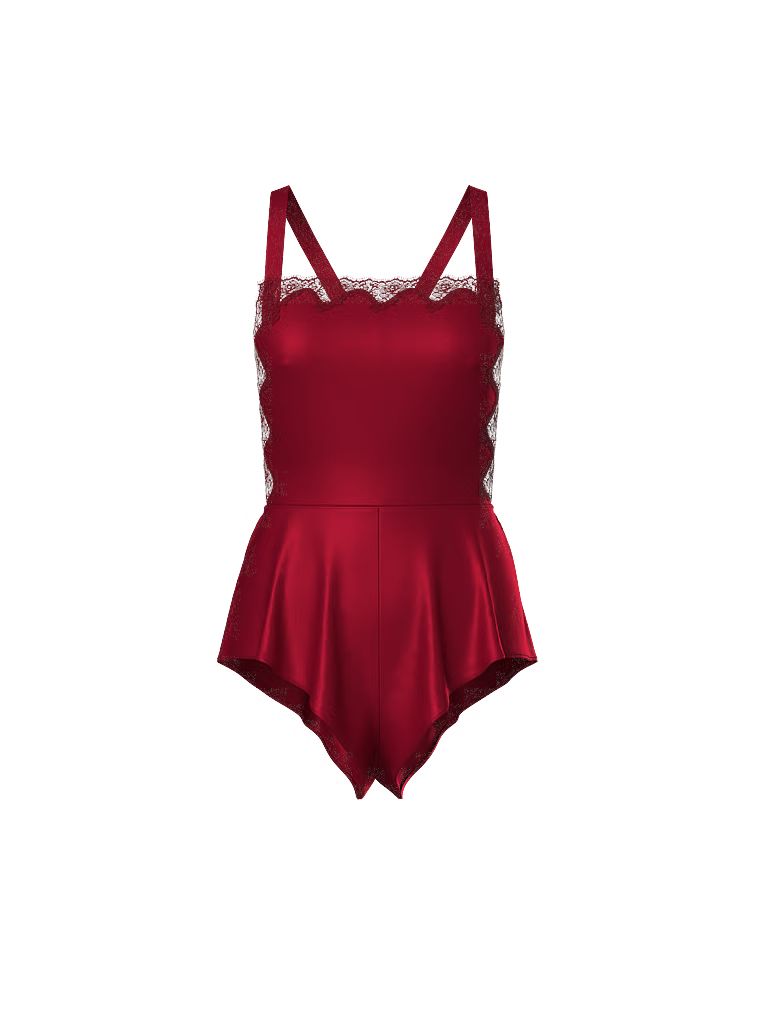 Costum de dormit din satin cu guler pătrat. Produsul este roșu și provine din colecția Very Sexy.