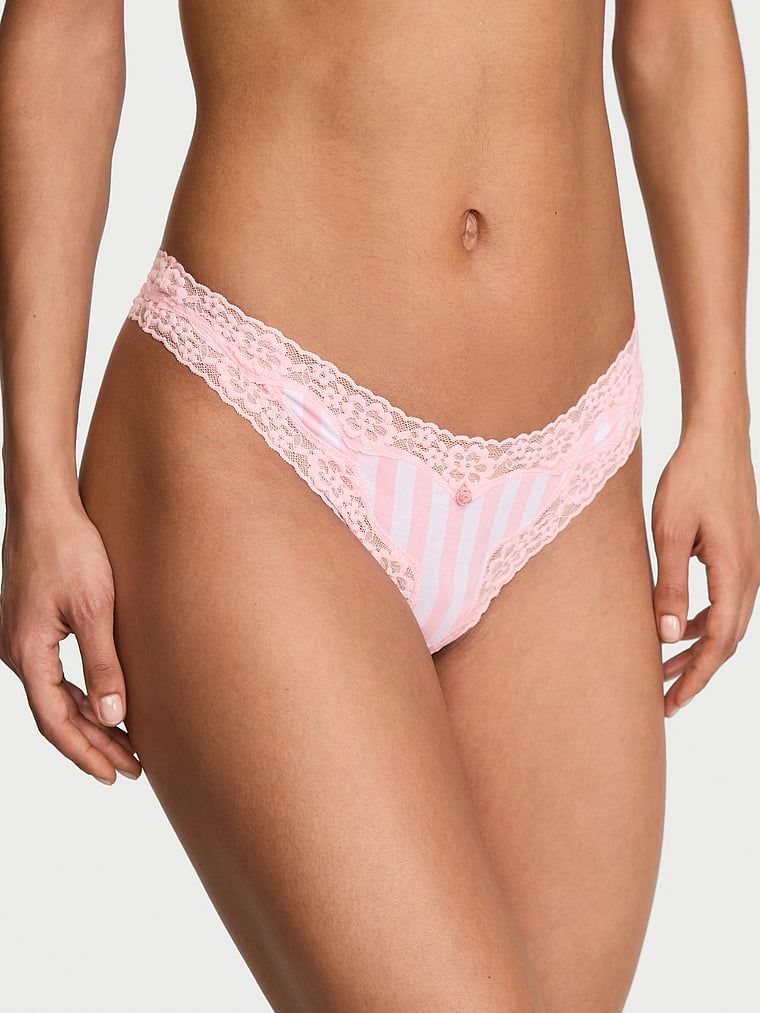 Lace Trim Chiloți Tanga din bumbac, cu talie din dantelă