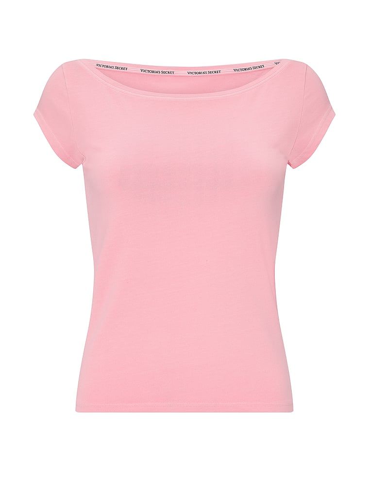 Tricou de bumbac cu decolteu de barcă, decolteu Boatneck. Produsul este roz și provine din colecția Angel Essentials.