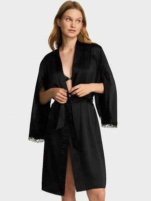 Very Sexy Halat midi din satin cu margini din dantelă cu trandafiri