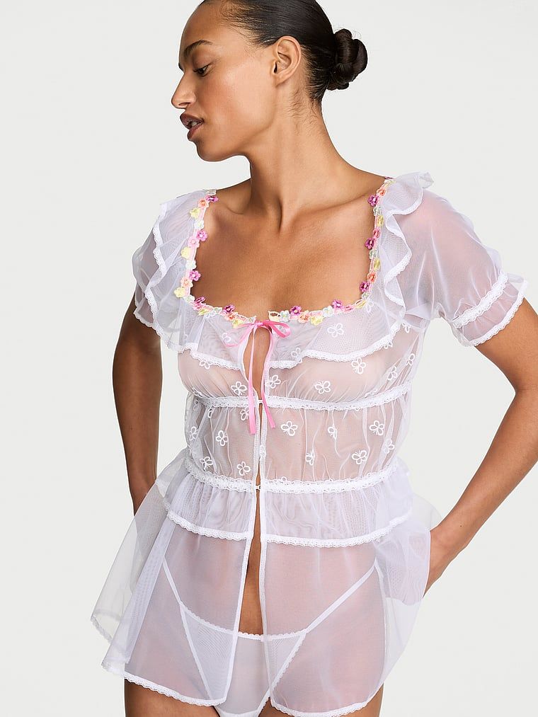 Dream Angels Set Babydoll cu mânecă scurtă din tul, cu broderie cu fluturi