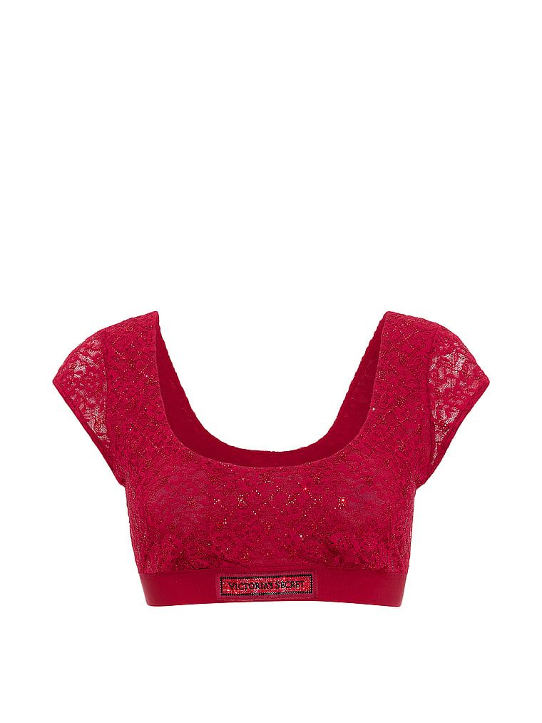 Bralet bralette din dantelă cu mâneci și logo Shine. Produsul este roșu și provine din colecția de tricouri.