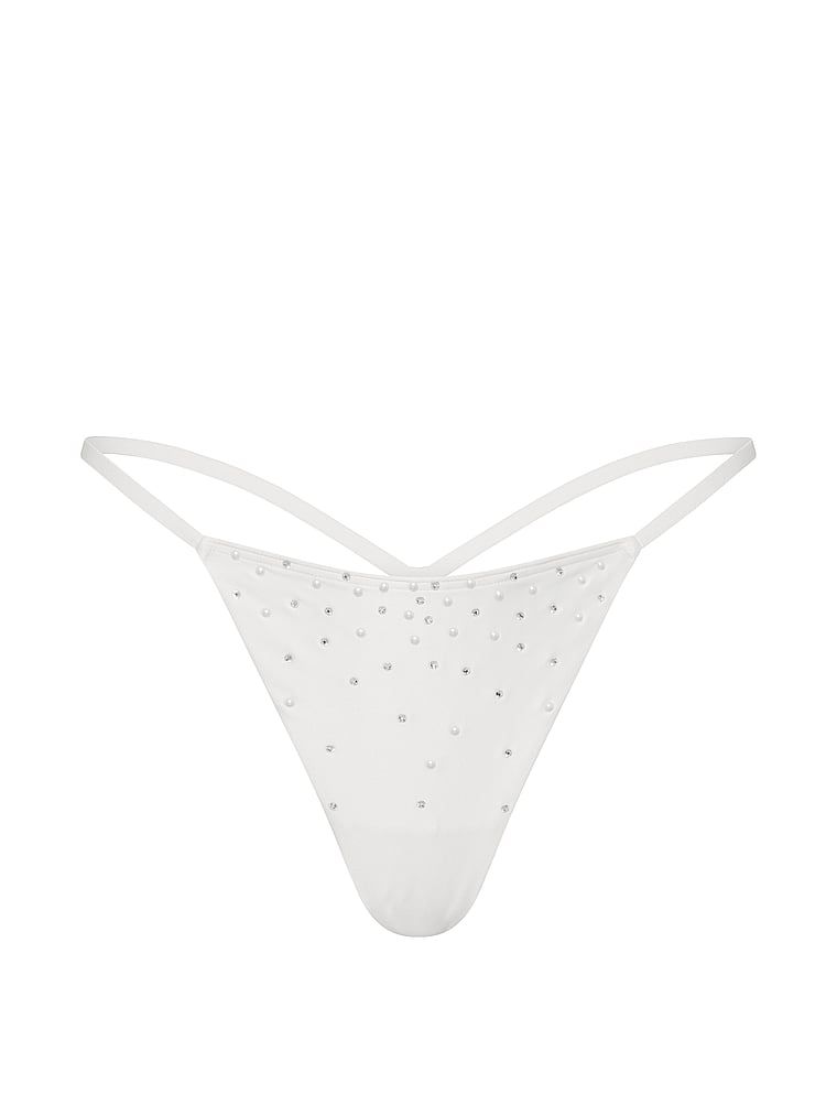 Tanga de satin cu cristale de perlă. Produsul este alb și provine din colecția Dream Angels.