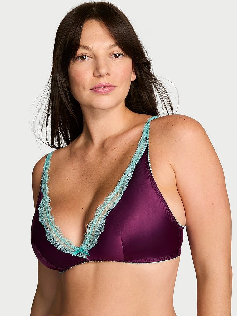 Victoria's Secret Sutien Tease din satin, cu margini din dantelă, fără sârme, cu decolteu adânc
