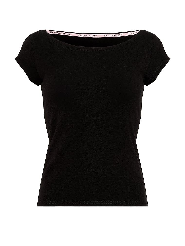Tricou de bumbac cu decolteu de barcă, decolteu Boatneck. Produsul este negru și provine din colecția Angel Essentials.