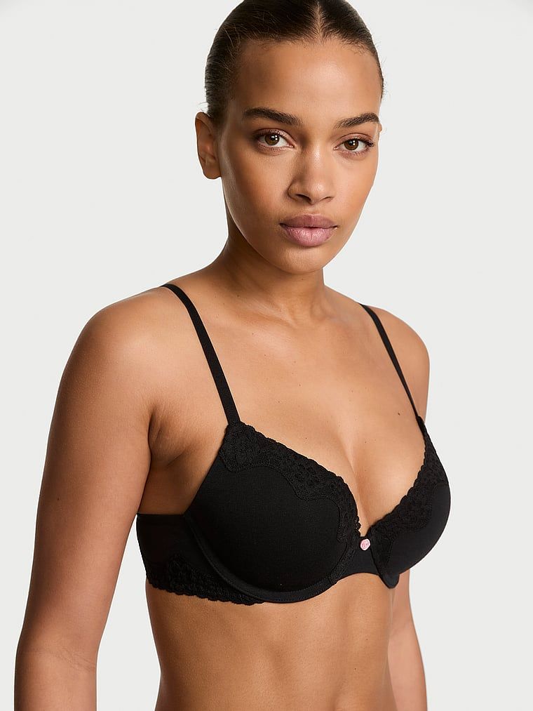 T-shirt Sutien Push-up din bumbac, cu margini din dantelă, Perfect Shape