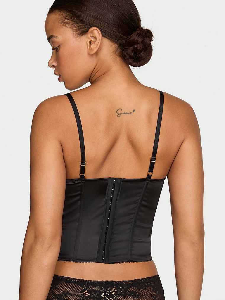 Corset din satin cu dantelă. Produsul este negru și provine din colecția Dream Angels.