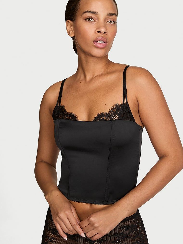 Corset din satin cu dantelă. Produsul este negru și provine din colecția Dream Angels.