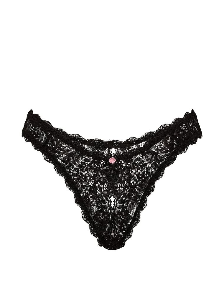 Pantaloni brazilieni din dantelă pentru zona inghinală a lui Peekaboo. Produsul este negru și provine din colecția Dream Angels.