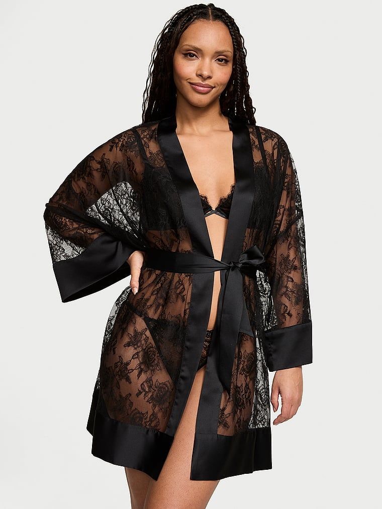 Victorias Secret Halat scurt cu margini din satin și dantelă cu trandafiri