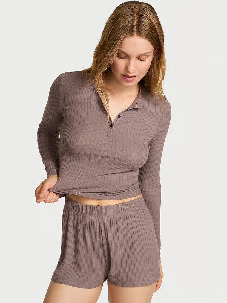 Victorias Secret Set de casă cu bluză cu mâneci lungi, cu nervuri late, din modal