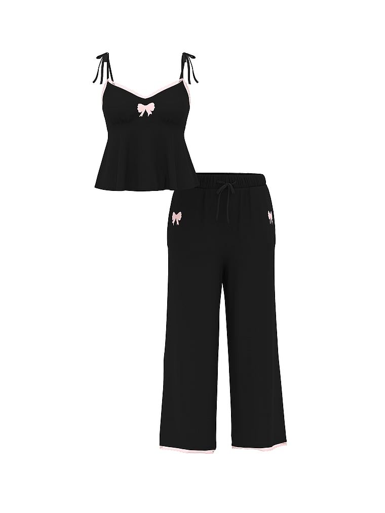 Set de dormit modal - pantaloni cu fundă largă și top. Produsul este negru și provine din colecția Victoria's Secret.