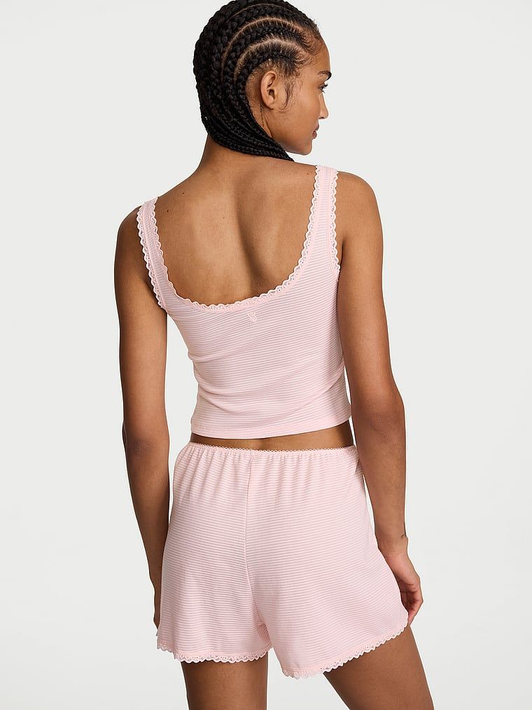 Set de dormit din bumbac - top și pantaloni scurți Shadow Stripe. Produsul este roz și provine din colecția Victoria's Secret.