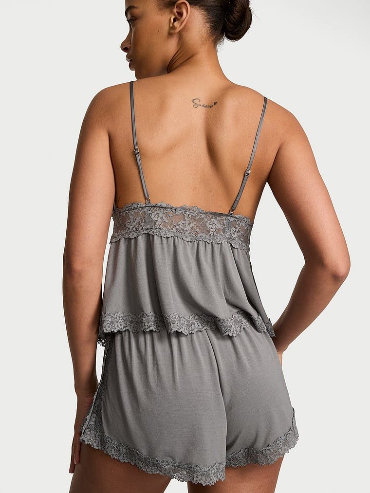 Set de dormit modal - top cu bretele și pantaloni scurți SoSoft. Produsul este de culoare gri și provine din colecția Victoria's Secret.