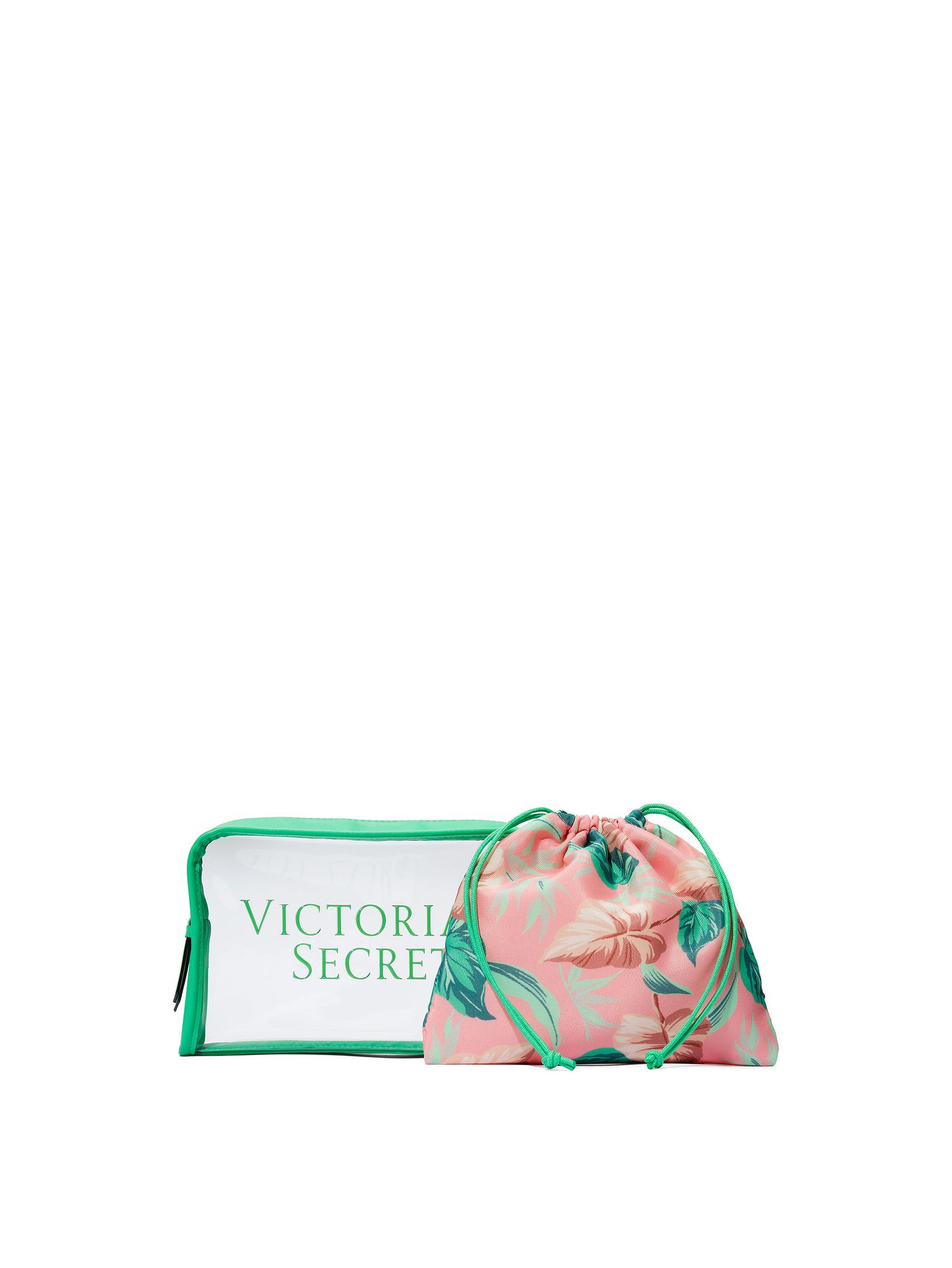 Geantă cosmetică transparentă Victoria's Secret cu margini verzi, în interior o geantă roz cu model tropical.