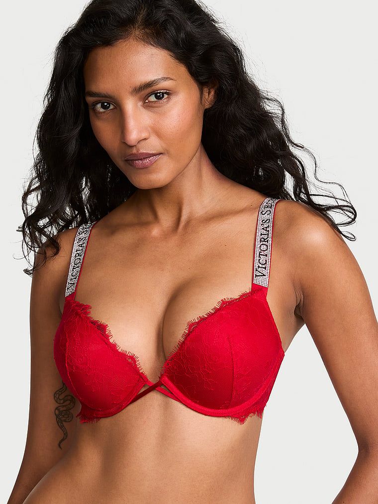 Very Sexy Sutien cu Push-Up din dantelă în formă de trandafir Bombshell Add-2-Cups cu bretele strălucitoare