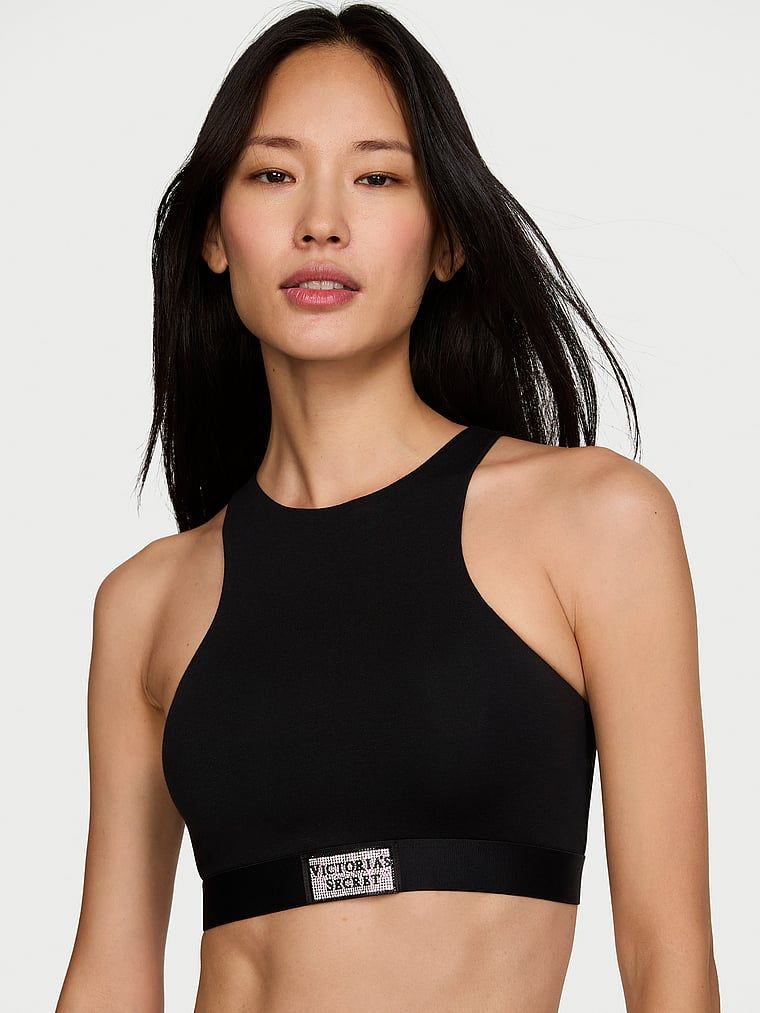 T-shirt Bustieră Bralette din bumbac fără căptușeală, cu guler înalt și aplicație strălucitoare