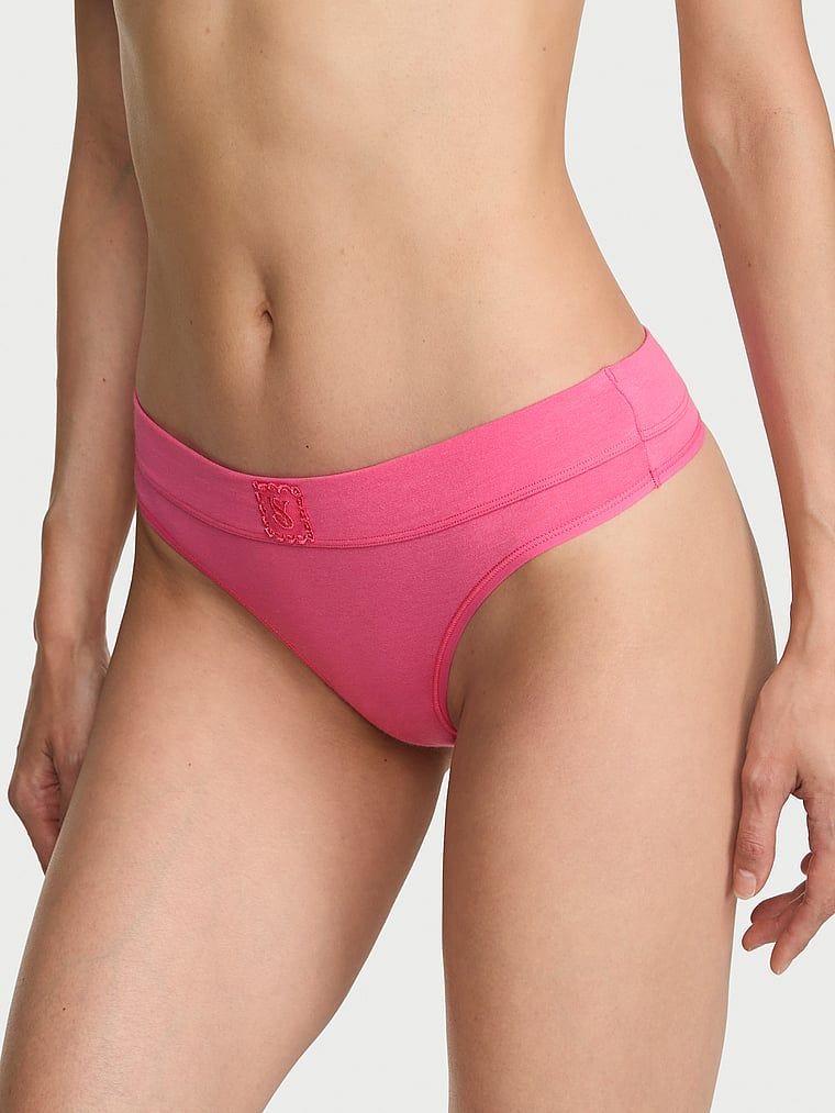 Cotton Chiloți Tanga din bumbac, cu petic din dantelă cu logo aplicat