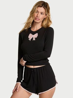 Victoria's Secret Set pijama cu bluză cu mânecă lungă și cu fundă și șort, din modal moale