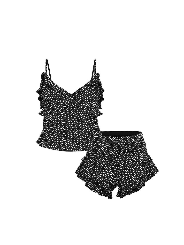 Set de șiffon pentru somn - bluză cu buline și pantaloni scurți. Produsul este modelat și provine din colecția Dream Angels.