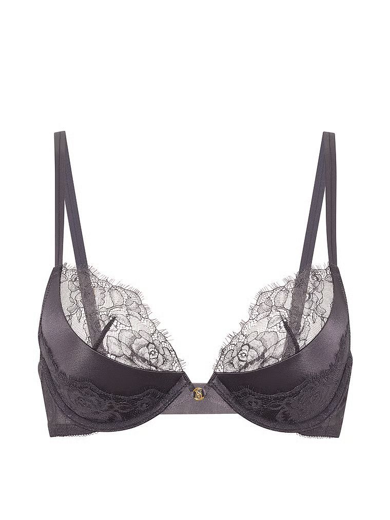 Sutien push-up cu inserții de dantelă cu decolț adânc. Produsul este de culoare gri și provine din colecția Very Sexy.