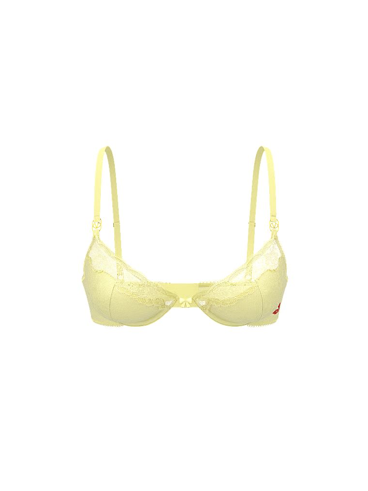 Tease Kiss Demi, sutien din satin fără căptușeală. Produsul este galben și provine din colecția Victoria's Secret.