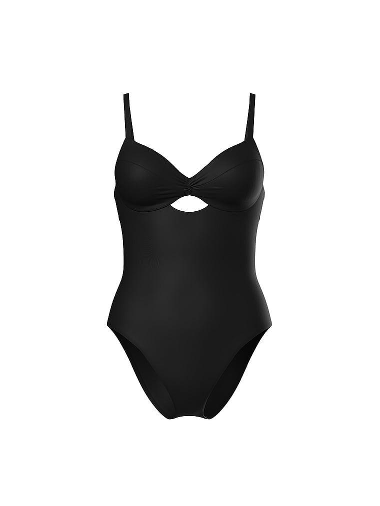 Un costum de baie cu flotări într-o singură piesă, Twist. Produsul este negru și provine din colecția Victoria's Secret Swim.
