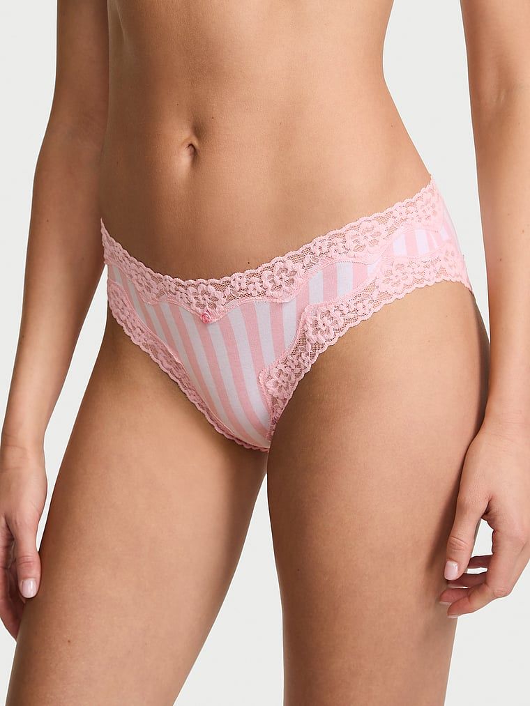 Lace Trim Chiloți Bikini din bumbac, cu talie din dantelă