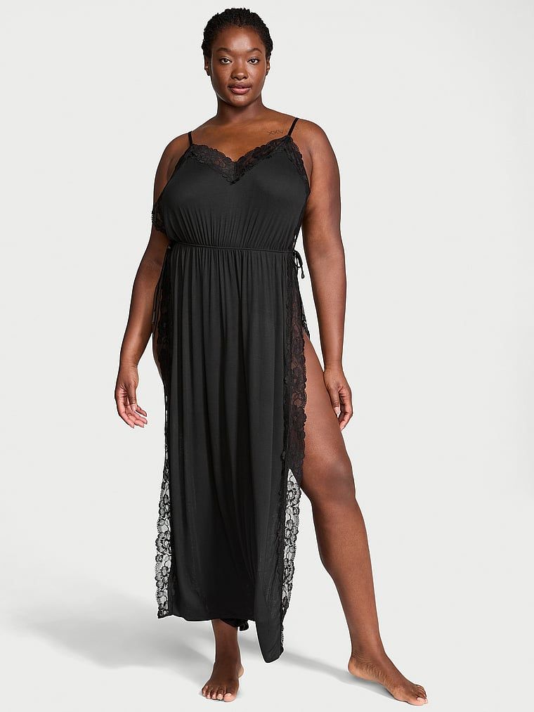 Victorias Secret Rochie tip furou lungă cu șliț adânc, din modal cu nervuri și cu margine din dantelă