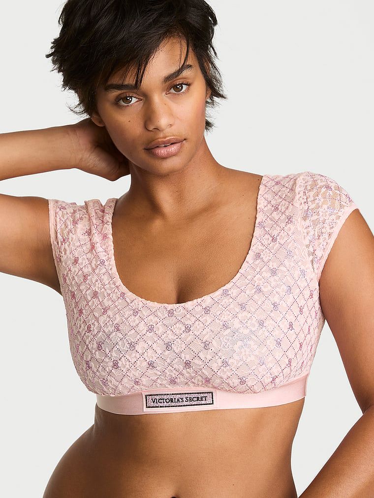 T-shirt Bustieră Bralette din dantelă cu logo strălucitor și mânecuțe