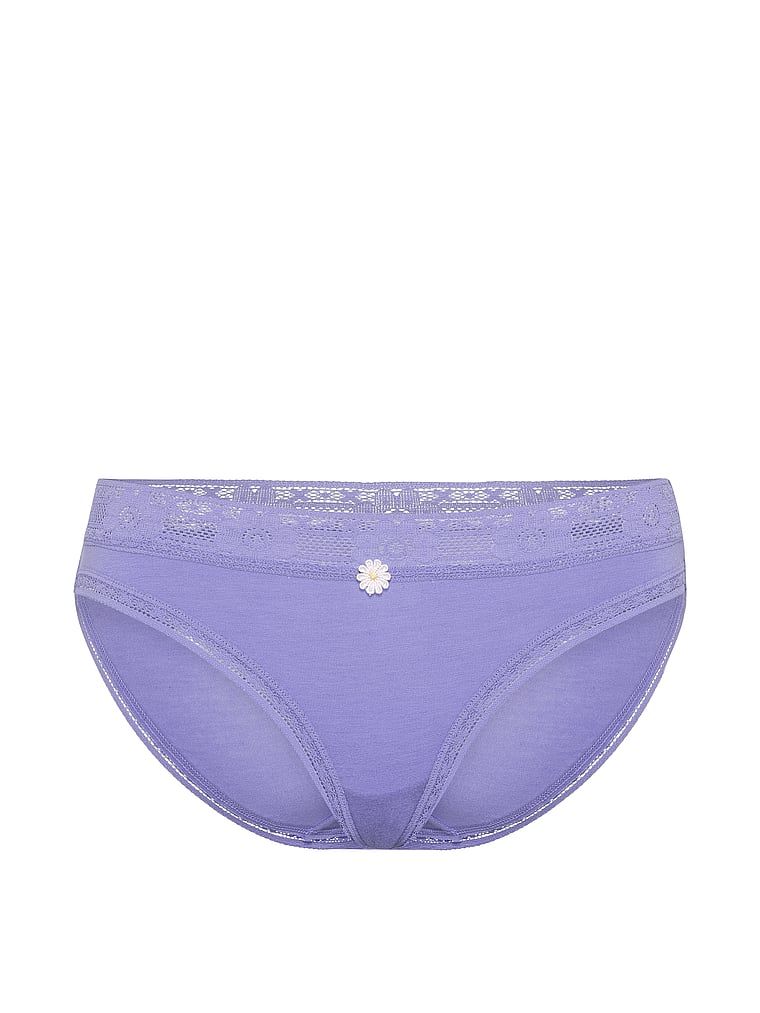 Chiloți din bumbac cu dantelă croșetată Bikini. Produsul este albastru și provine din colecția Lace Trim.