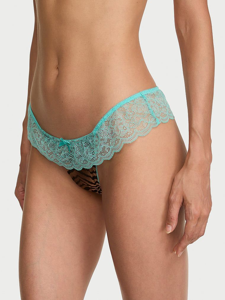 Victoria's Secret Chiloți Tanga Tease din satin, cu margini din dantelă și detaliu tip fustă