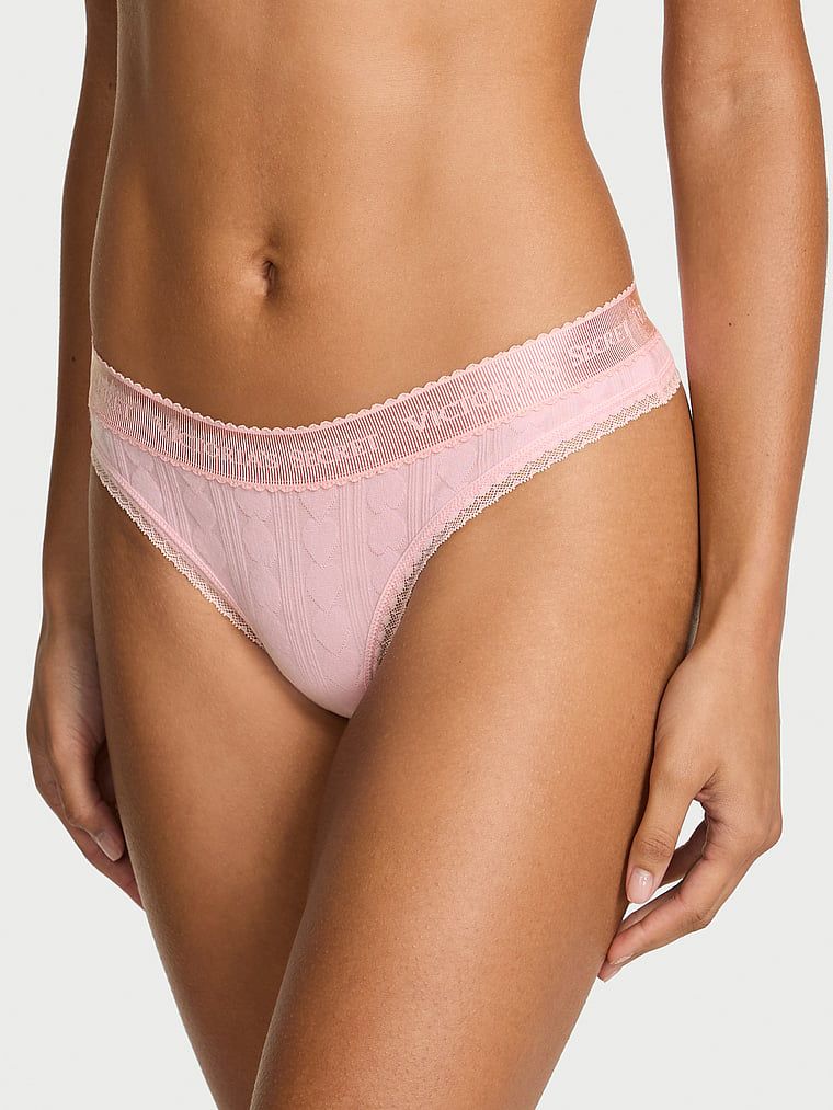 Tanga de bumbac cu inimi și logo-ul Heart Pointelle. Produsul este roz și provine din colecția Bumbac.