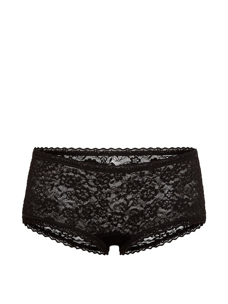 Pantaloni scurți din dantelă, pantaloni scurți cu talie joasă Boyshort. Produsul este negru și provine din colecția Lacie.