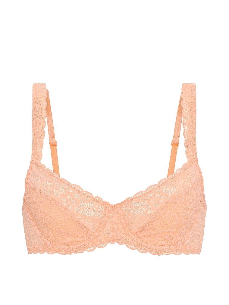 Sutien balconette din dantelă fără căptușeală. Produsul este de culoare portocalie și provine din colecția Victoria's Secret.
