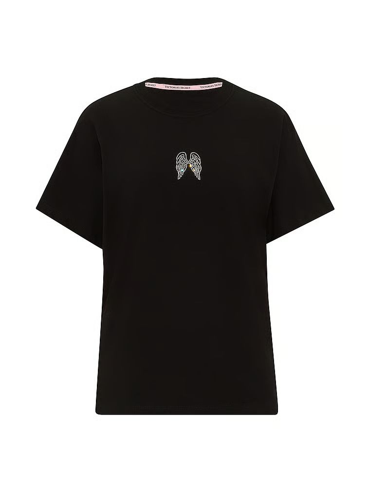 Show-ul de modă 2026 cu tricouri supradimensionate din bumbac. Produsul este negru și provine din colecția Angel Essentials.