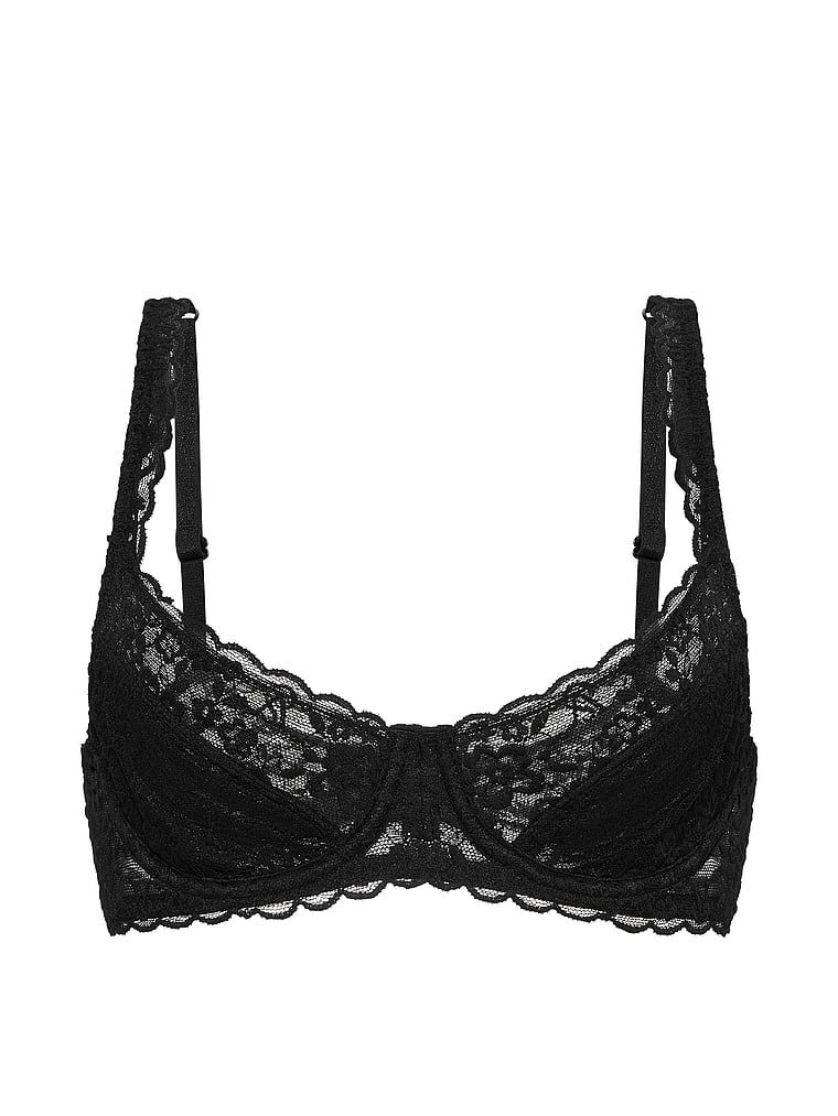 Sutien balconette din dantelă fără căptușeală. Produsul este negru și provine din colecția Victoria's Secret.