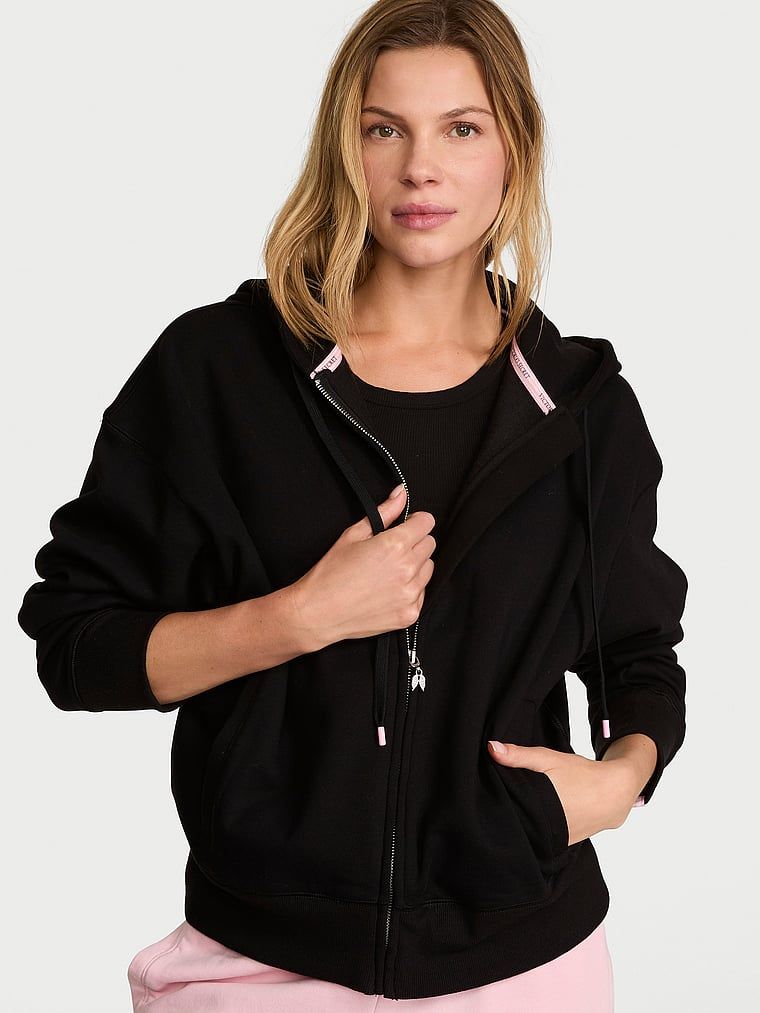 Hanorac de bumbac cu glugă și fermoar Iconic. Produsul este negru și provine din colecția Angel Essentials.
