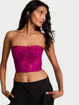 Very Sexy Top cu corset fără bretele, din dantelă în formă de trandafir