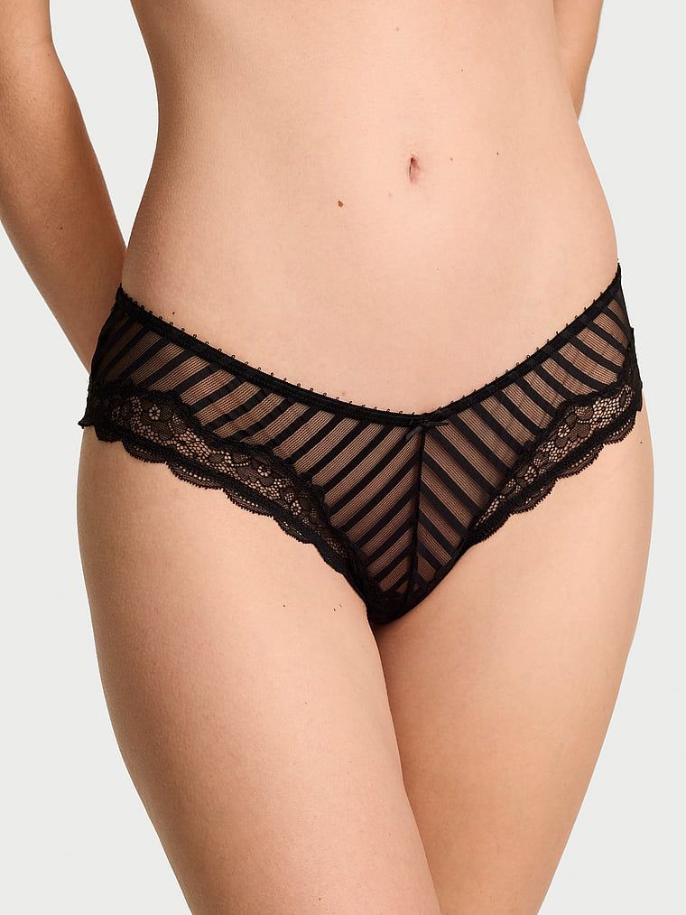 Chiloți cu dungi și picioare înalte, Tease Sheer Stripe Obraznic. Produsul este negru și provine din colecția Victoria's Secret.