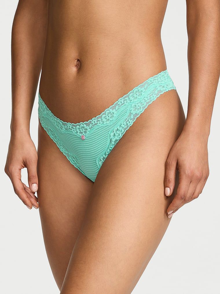 Lace Trim Chiloți Tanga din bumbac cu talie din dantelă, cu dungi