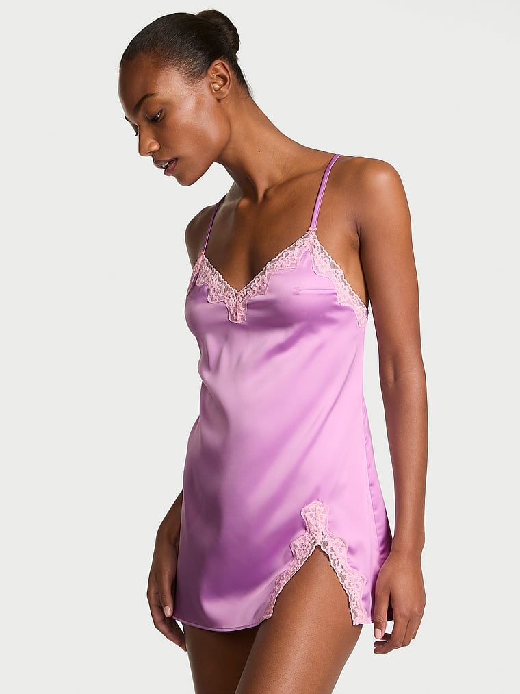 Victoria's Secret Rochie tip Slip mini Tease din satin, cu margini din dantelă